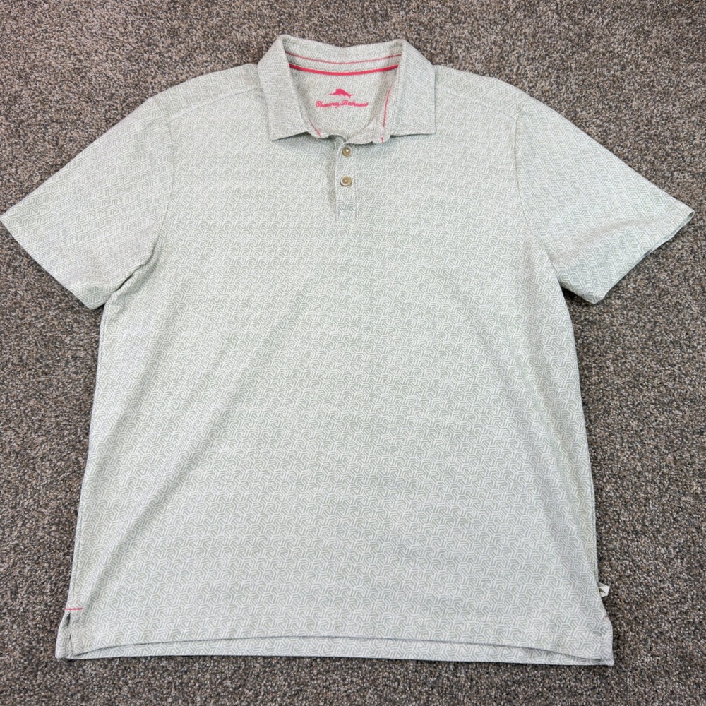 Tommy Bahama Mens L Green Geometric Pima Cotton Blend Polo Shirt Short Sleeve